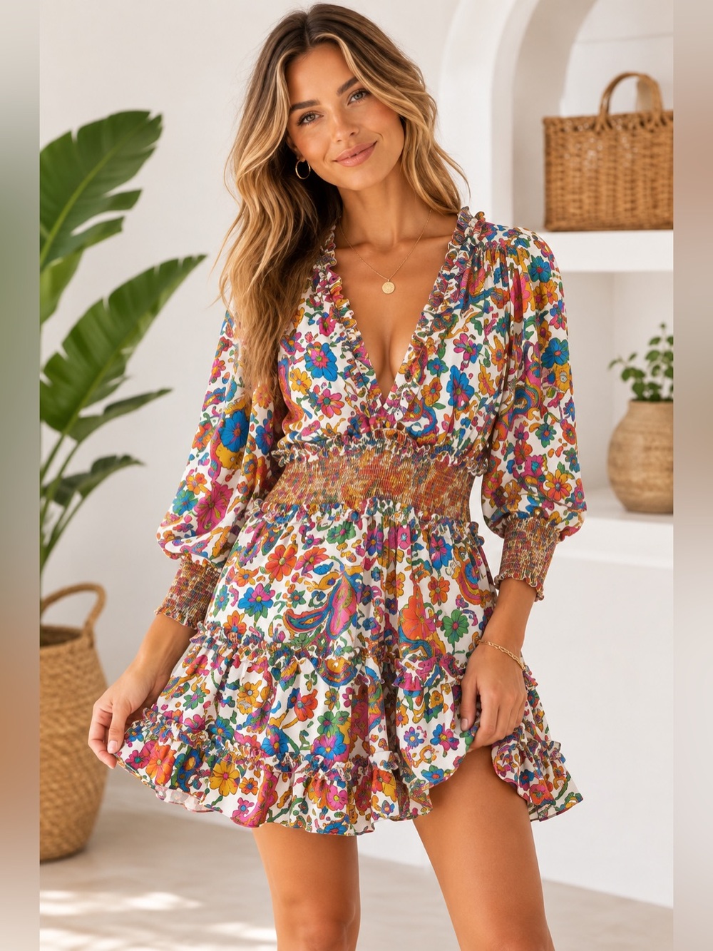 House of Harlow 1960 White Multicolor Floral V-Neck Smocked Mini Dress